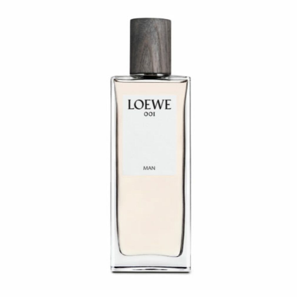 Loewe 001 Man Eau de Parfum Spray. Rechteckige Glasflasche mit Holzverschluss. Logo und Produktbezeichnung.