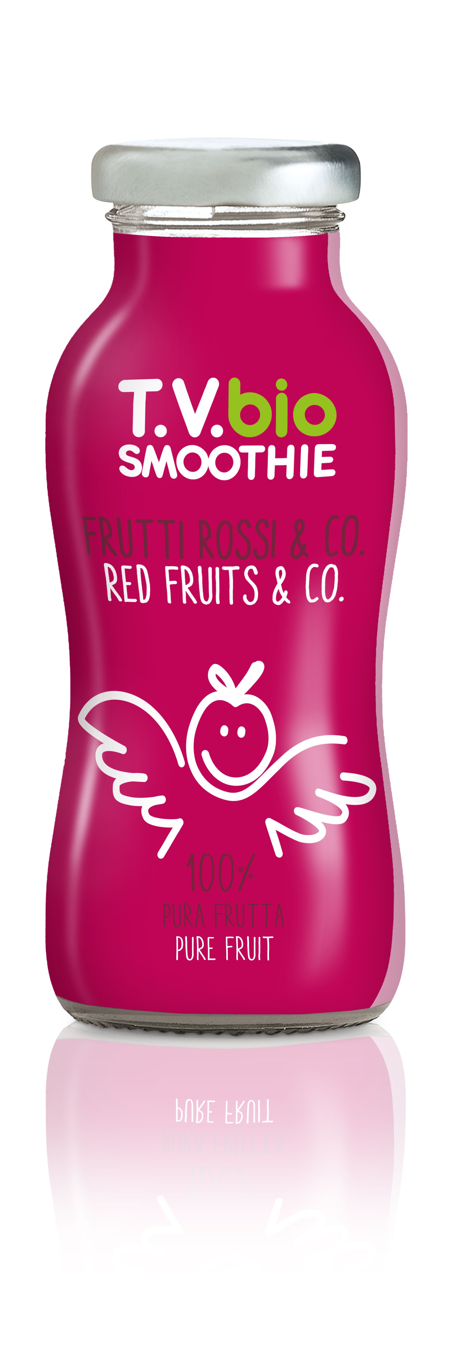 Flasche mit rotem Smoothie. Aufschrift: T.V.bio Smoothie, Frutti Rossi & Co. und Pure Fruit. Mit einem weißen Logo.