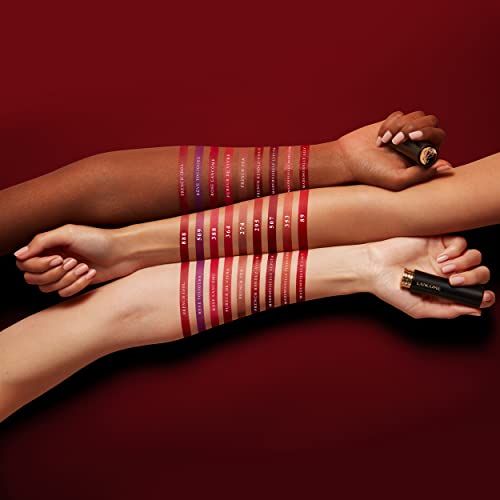 Arme mit Lippenstift-Swatches in verschiedenen Farben. Die Lippenstifte sind in ihren Hülsen. Text mit Farbnamen.