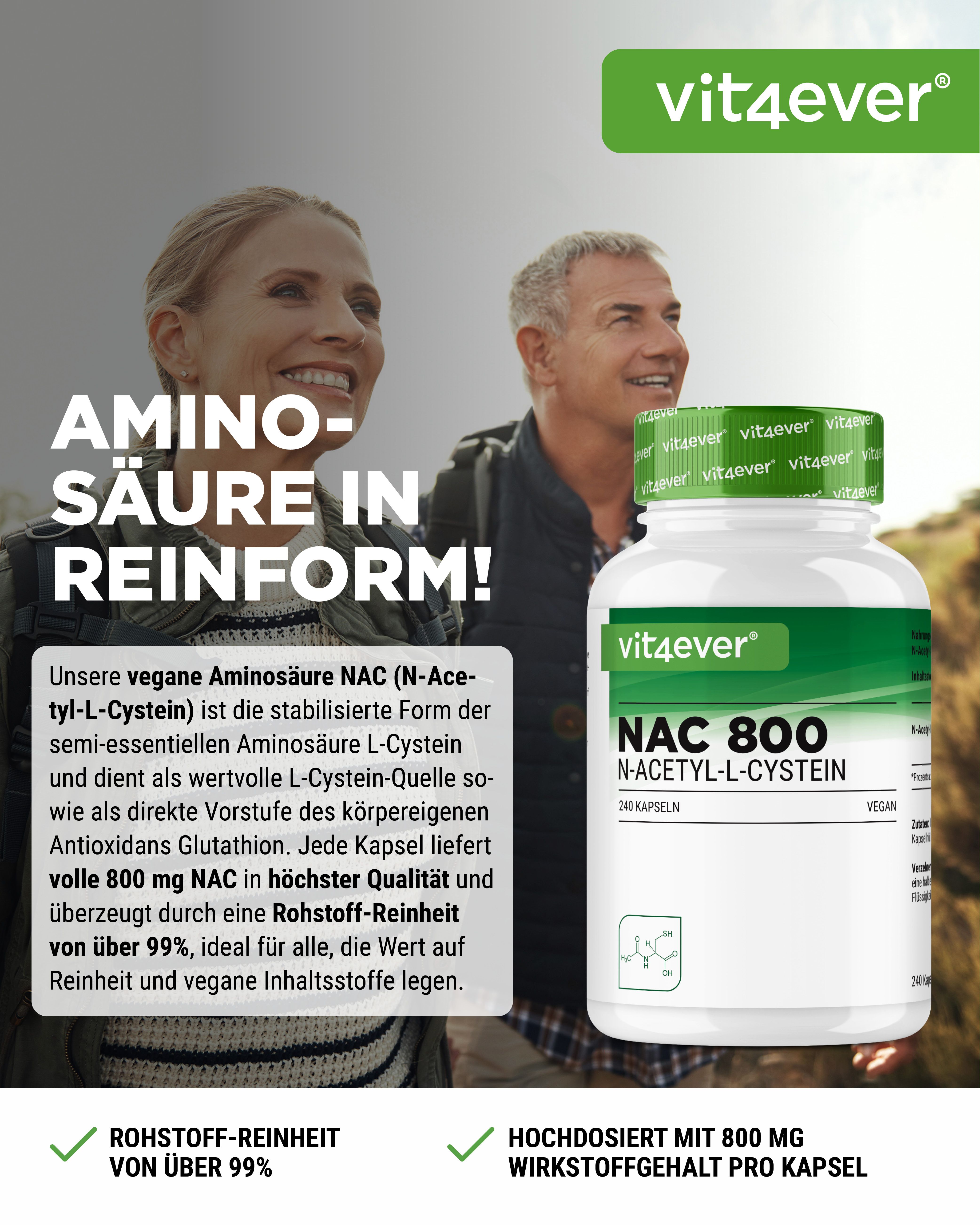 Werbebild mit Flasche NAC 800. Text: Aminosäure in Reinform! Rohstoff-Reinheit von über 99%. Hochdosiert mit 800 mg Wirkstoff pro Kapsel.