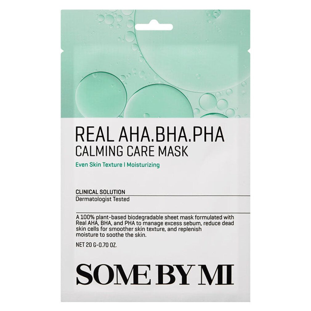 SOMEBYMI Real AHA.BHA.PHA Calming Care Mask Packung mit Blasenmotiv.