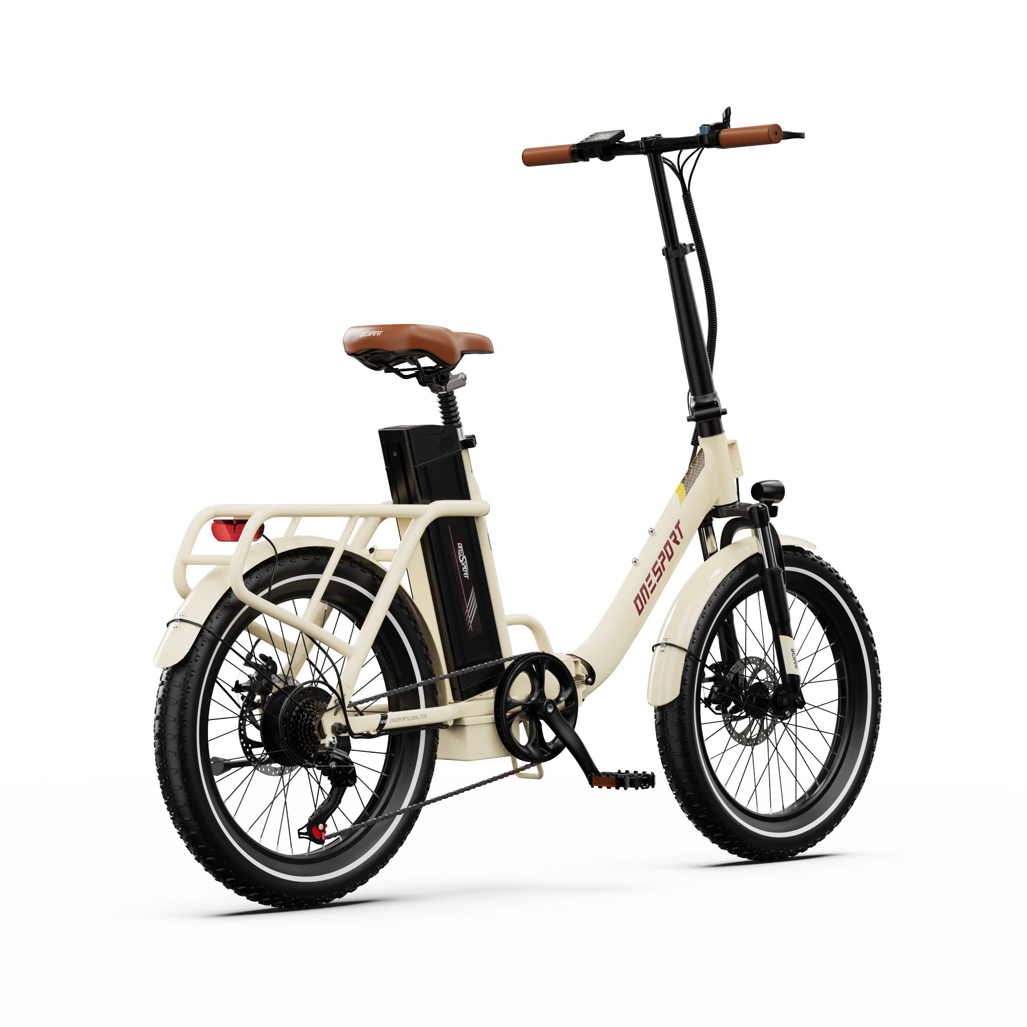 Beige Elektrofahrrad mit braunem Sattel und Lenker. ONESPORT-Logo. Schwarze Reifen und Akku.