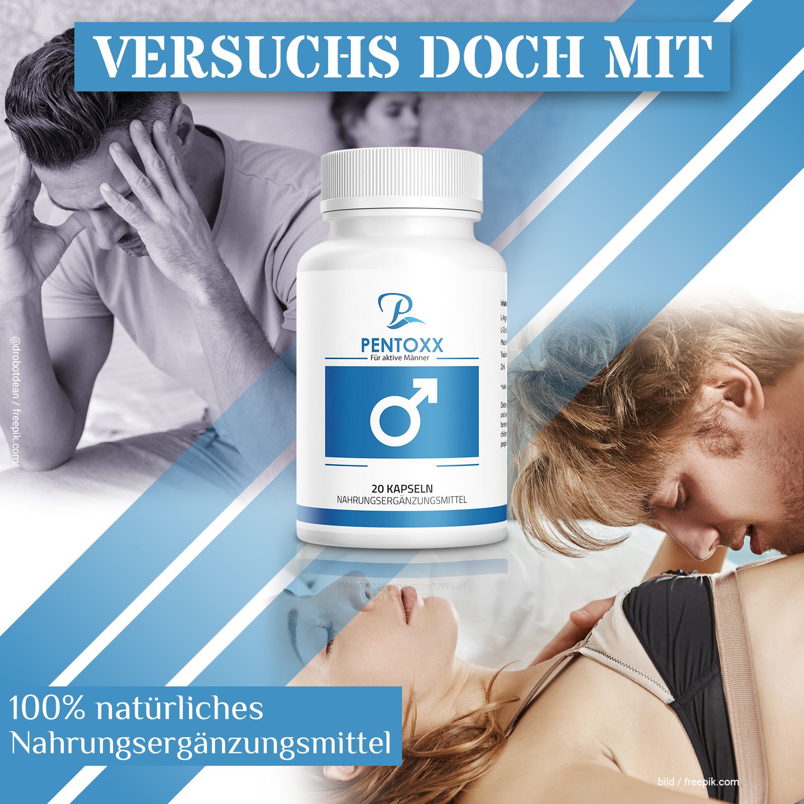 Flasche mit Pentoxx für Männer. 20 Kapseln. Nahrungsergänzungsmittel. Männliches Symbol. Hintergrund: Mann im Bett, Paare.