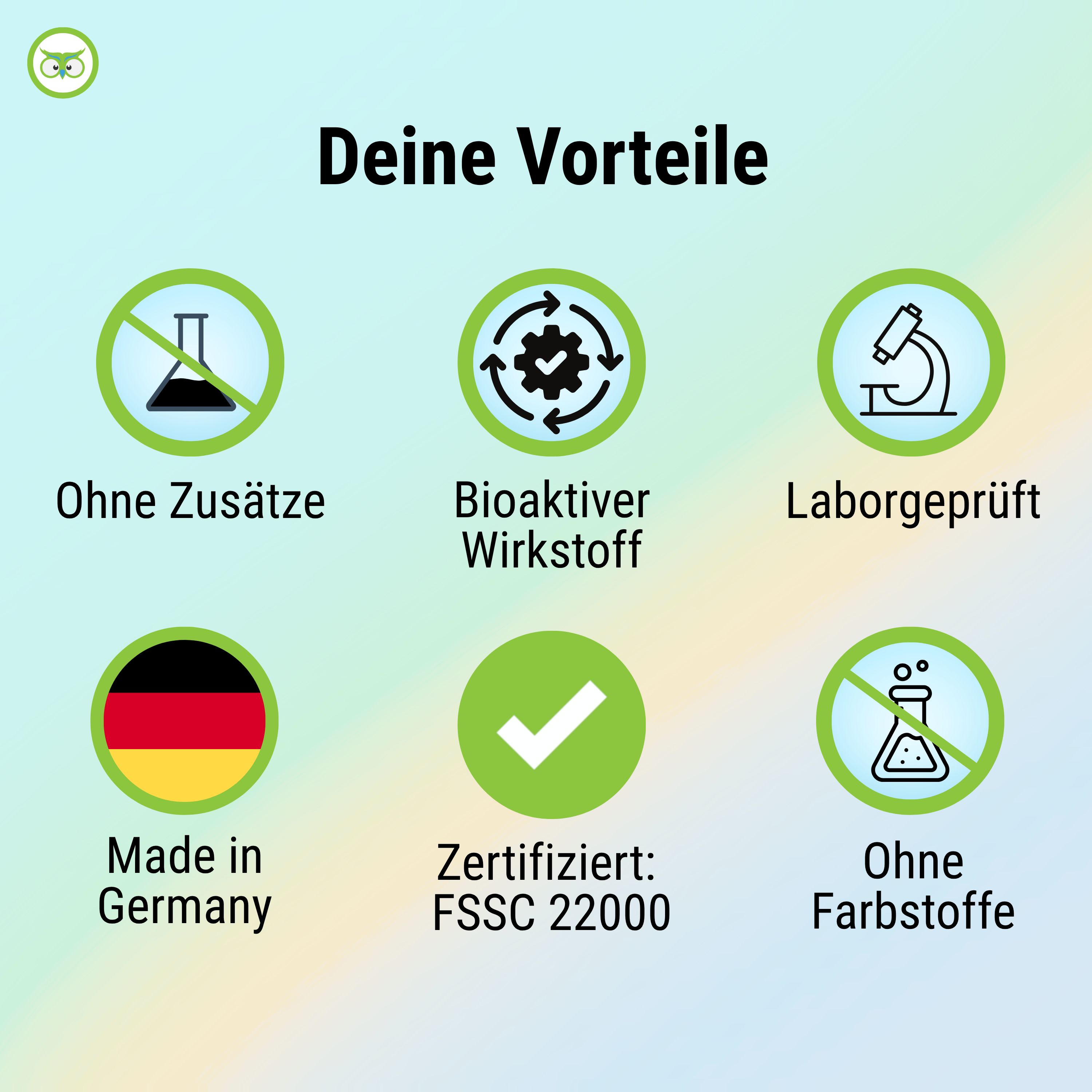 Sechs grüne Kreise mit Icons und Text: Ohne Zusätze, Bioaktiver Wirkstoff, Laborgeprüft, Made in Germany, Zertifiziert: FSSC 22000, Ohne Farbstoffe.