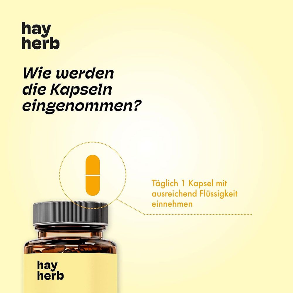 Gelber Hintergrund mit "hay herb" Logo und Text. Kapsel-Illustration neben Flasche "Serotonin Gute Laune Komplex". Text: Täglich 1 Kapsel mit Flüssigkeit einnehmen.
