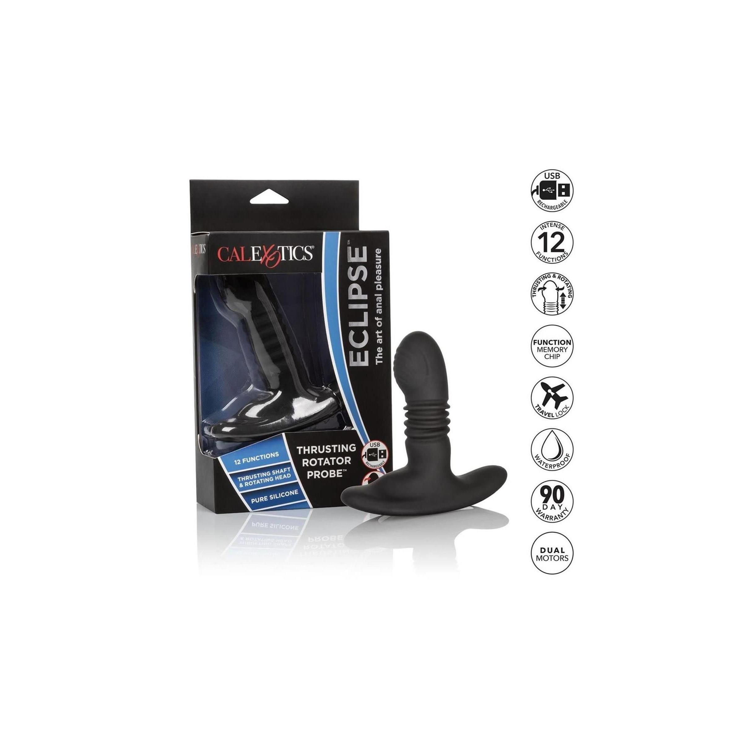 Wellness-Produkt in Verpackung. Marke CalExotics, Modell Eclipse Thrusting Probe. Produkt und Verpackung.
