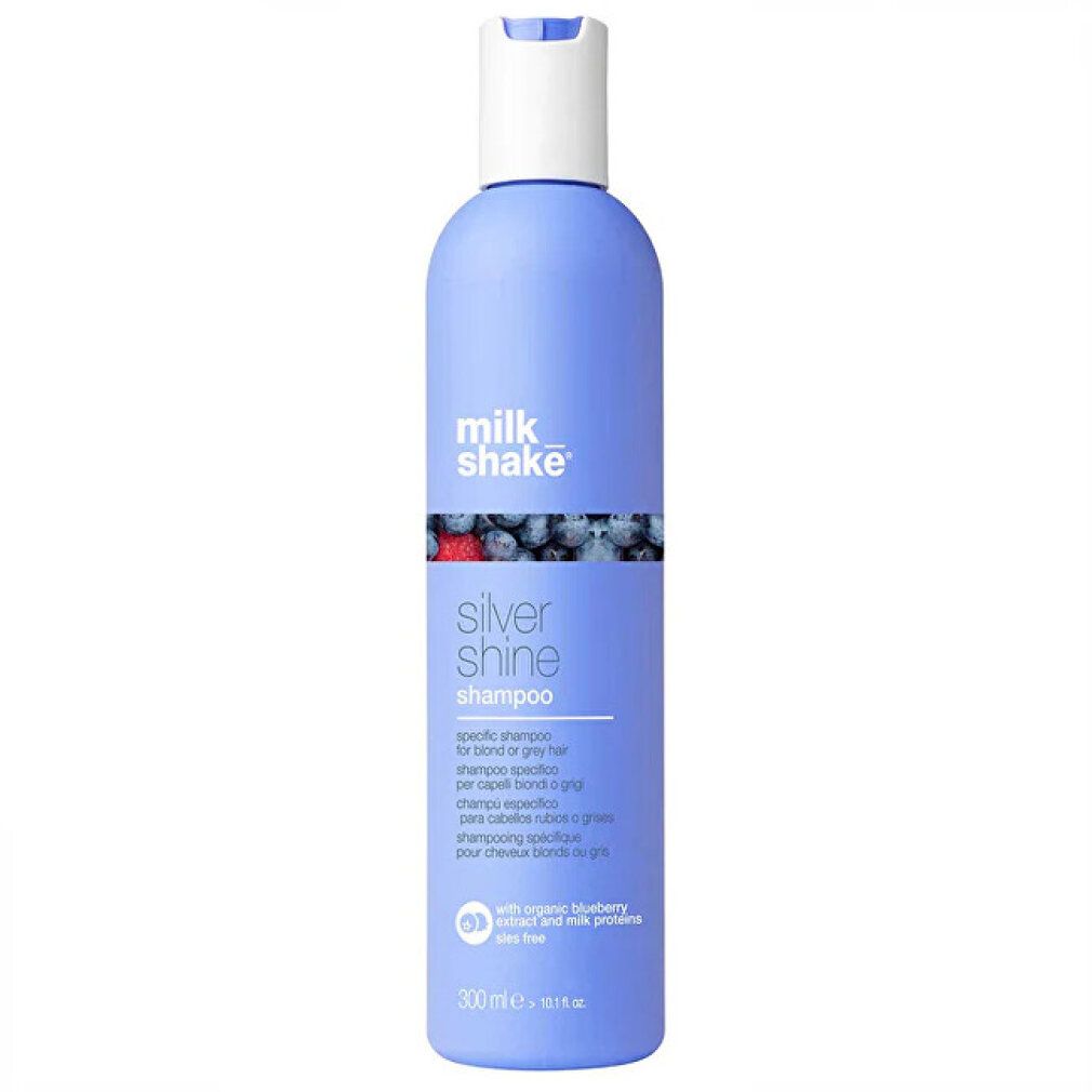 Blaues Shampoo Flasche. Aufschrift: milk shake, Silver Shine Shampoo. Mit Bio-Blaubeere-Extrakt. 300ml.