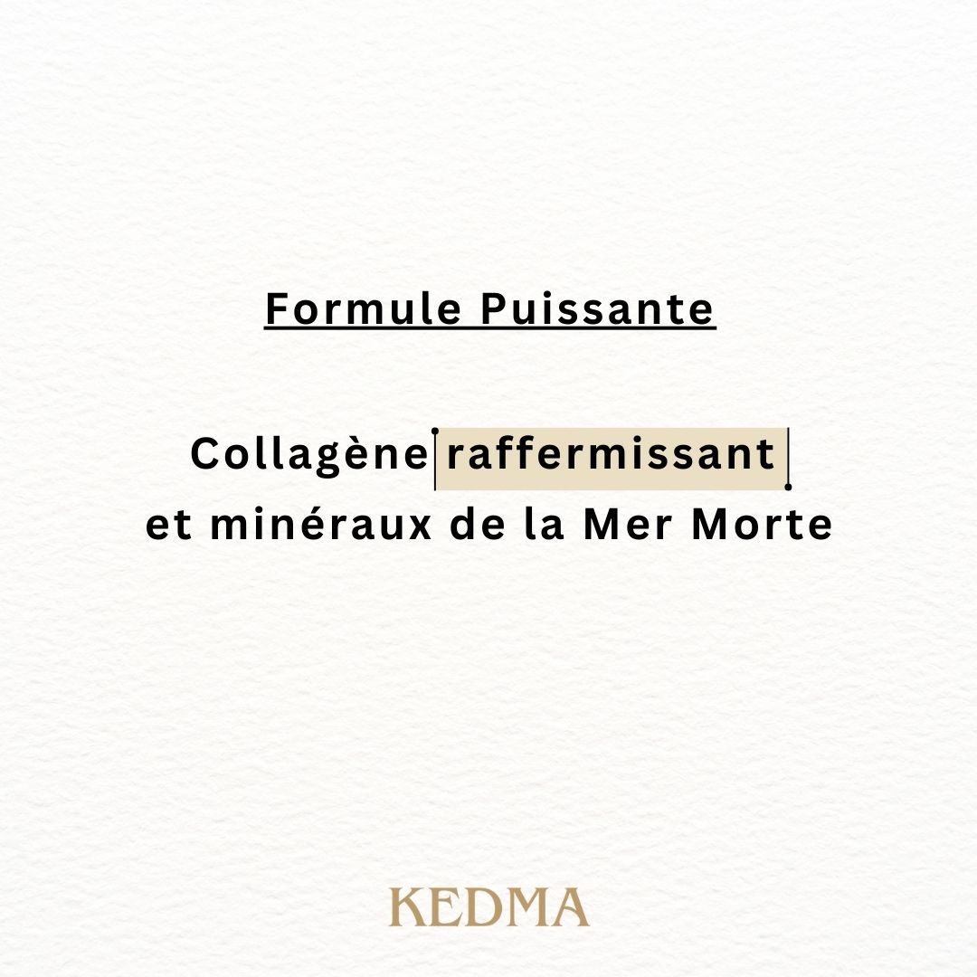 Texte sur fond crème: Formule Puissante. Collagène raffermissant et minéraux de la Mer Morte. Marque: Kedma.