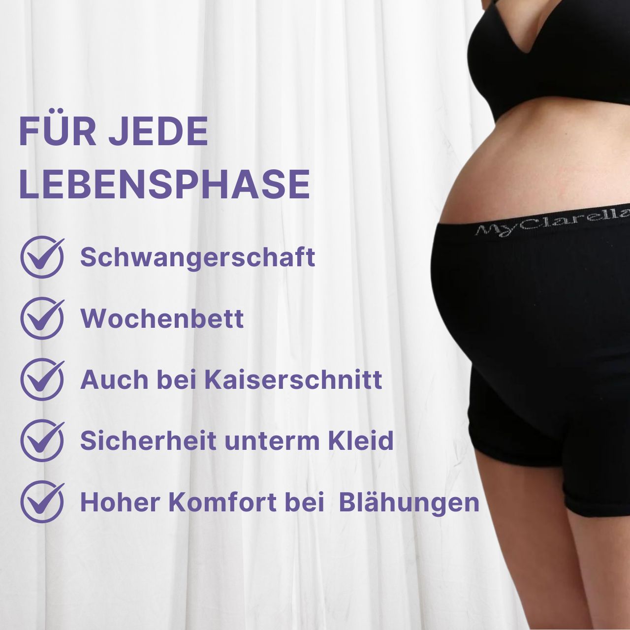 Schwarze Unterhose, hoher Bund, Logo MyClarella. Text: Für jede Lebensphase, Schwangerschaft, Wochenbett, Kaiserschnitt, Komfort.