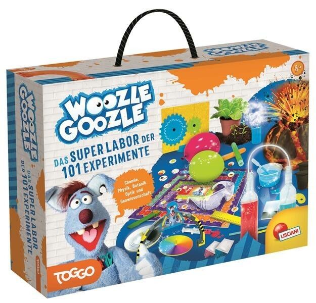 Tragetasche mit Aufdruck "Woozle Goozle Das Super Labor der 101 Experimente". Enthält Spielzeug und Zubehör. Logo "Lisciani".