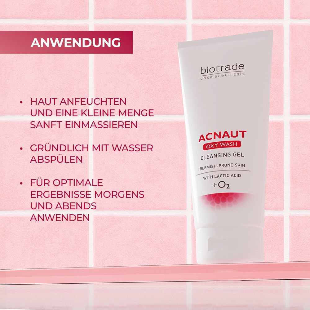 Produkt-Tube mit Text. Text: Acnaut Oxy Wash Cleansing Gel. Auf rosa Hintergrund mit Text-Boxen.