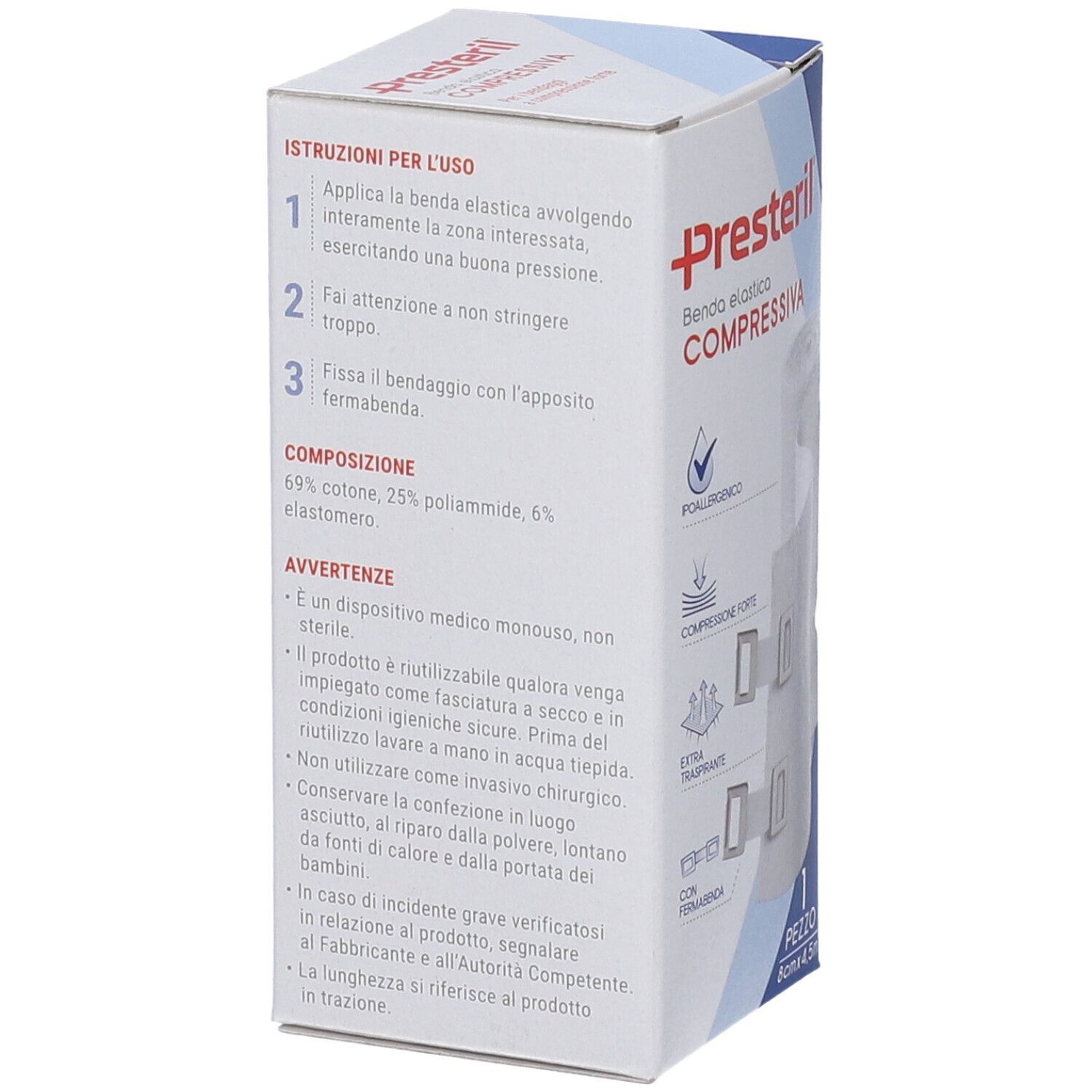 Presteril Benda Elastica Compressiva Verpackung. Enthält Informationen zur Anwendung und Zusammensetzung. 8cm x 4,5m.