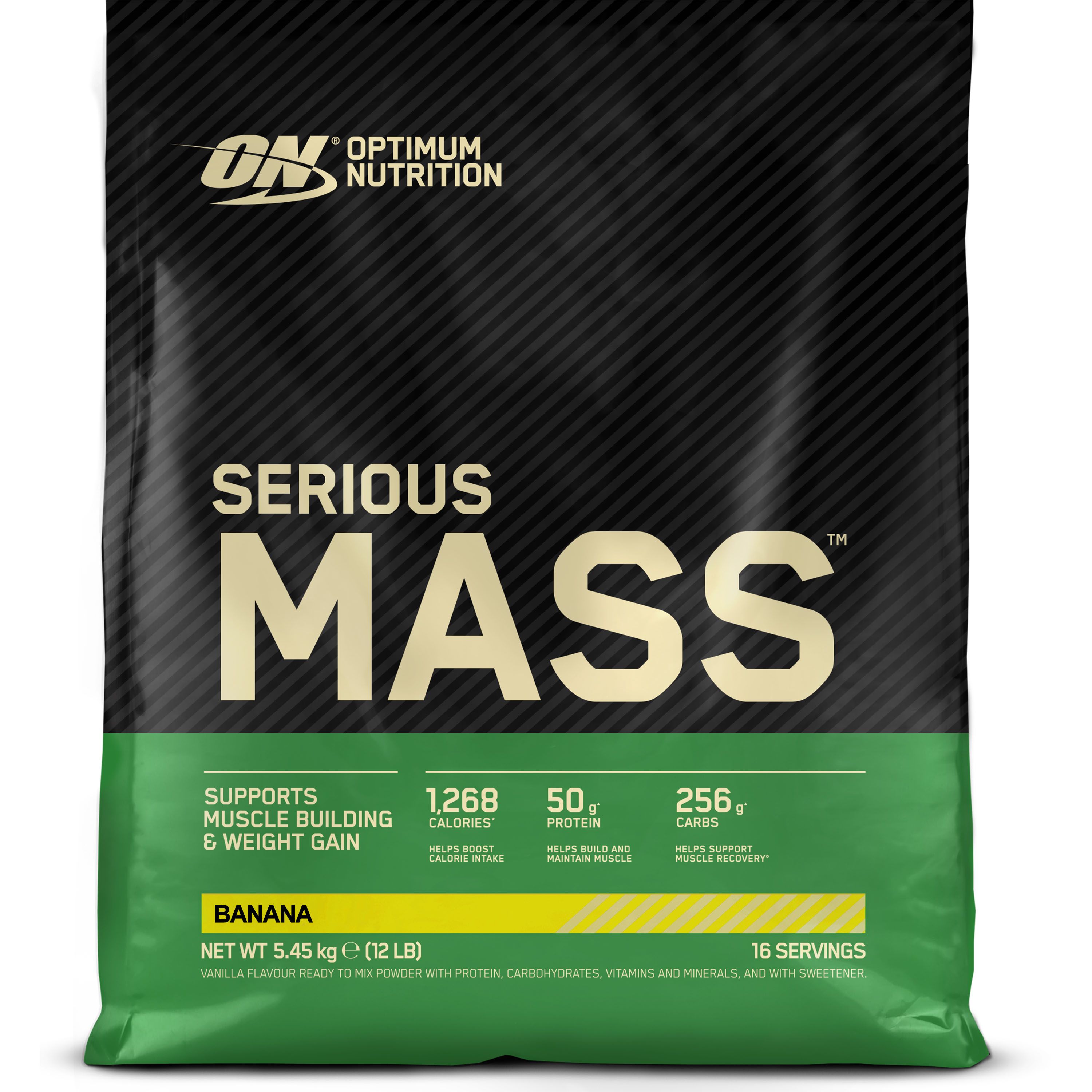 Beutel Optimum Nutrition Serious Mass, Banane. Enthält Kalorien, Protein und Kohlenhydrate. 5,45 kg.