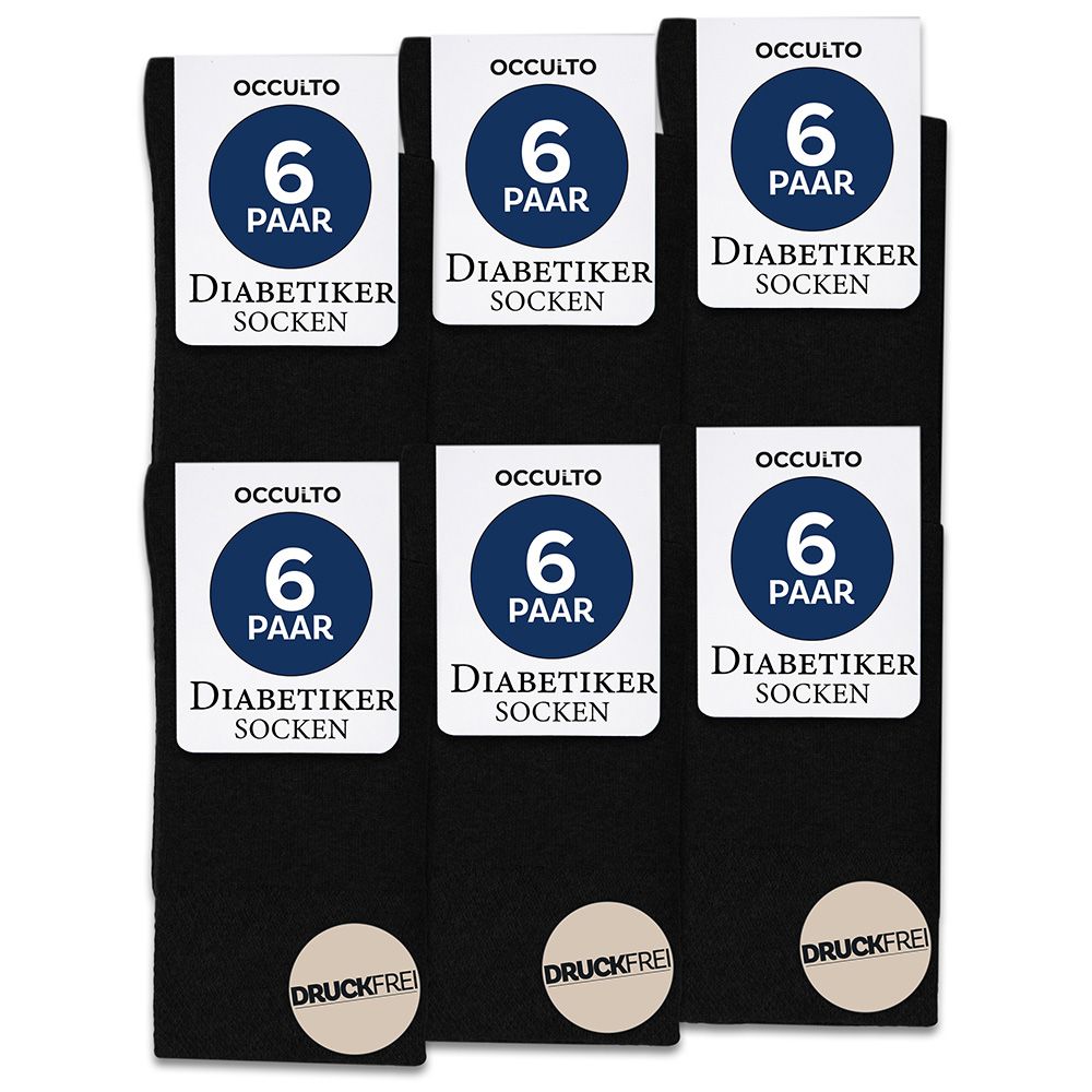 Sechs Paar schwarze Diabetiker-Socken, nahtlos, druckfrei, 6er Pack.