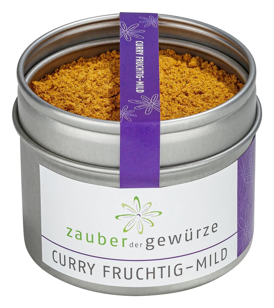 Runde, silberne Dose mit Curry-Pulver. Lila Band mit Schriftzug. Weißes Etikett mit Produktnamen und Logo.