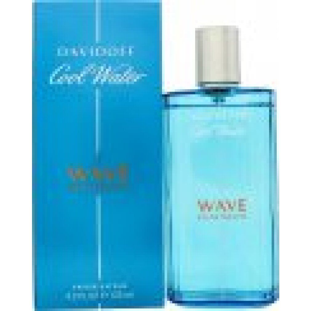 Davidoff Cool Water Wave EdT Flakon und Verpackung. Blau, silberner Deckel. Schriftzug: Davidoff Cool Water, Wave Eau de Toilette.