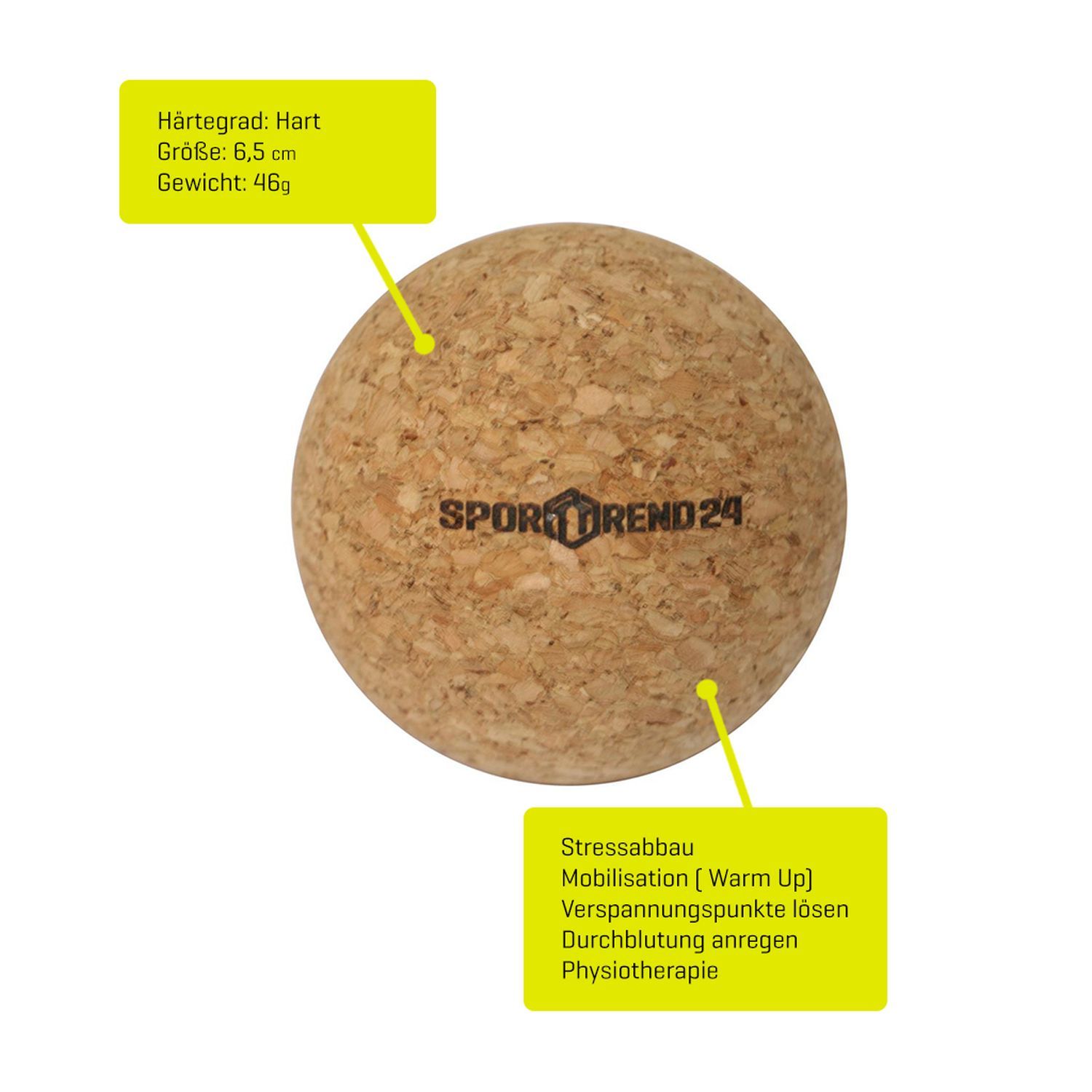 Kork-Faszienball mit dem Schriftzug Sporttrend24. Härtegrad: Hart. Größe: 6,5 cm. Gewicht: 46g.