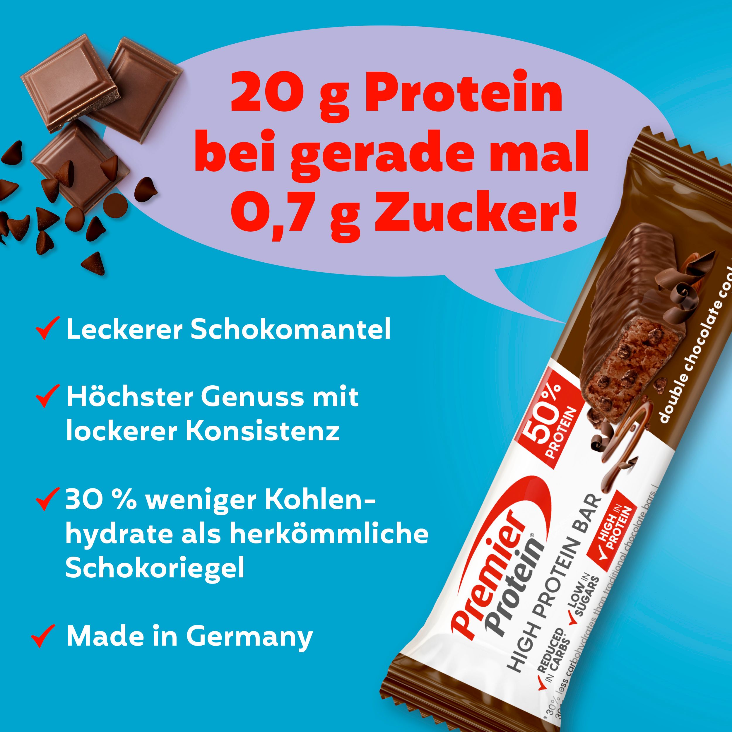Premier Protein Riegel Double Chocolate Cookie: 20g Protein, 0,7g Zucker, Made in Germany.