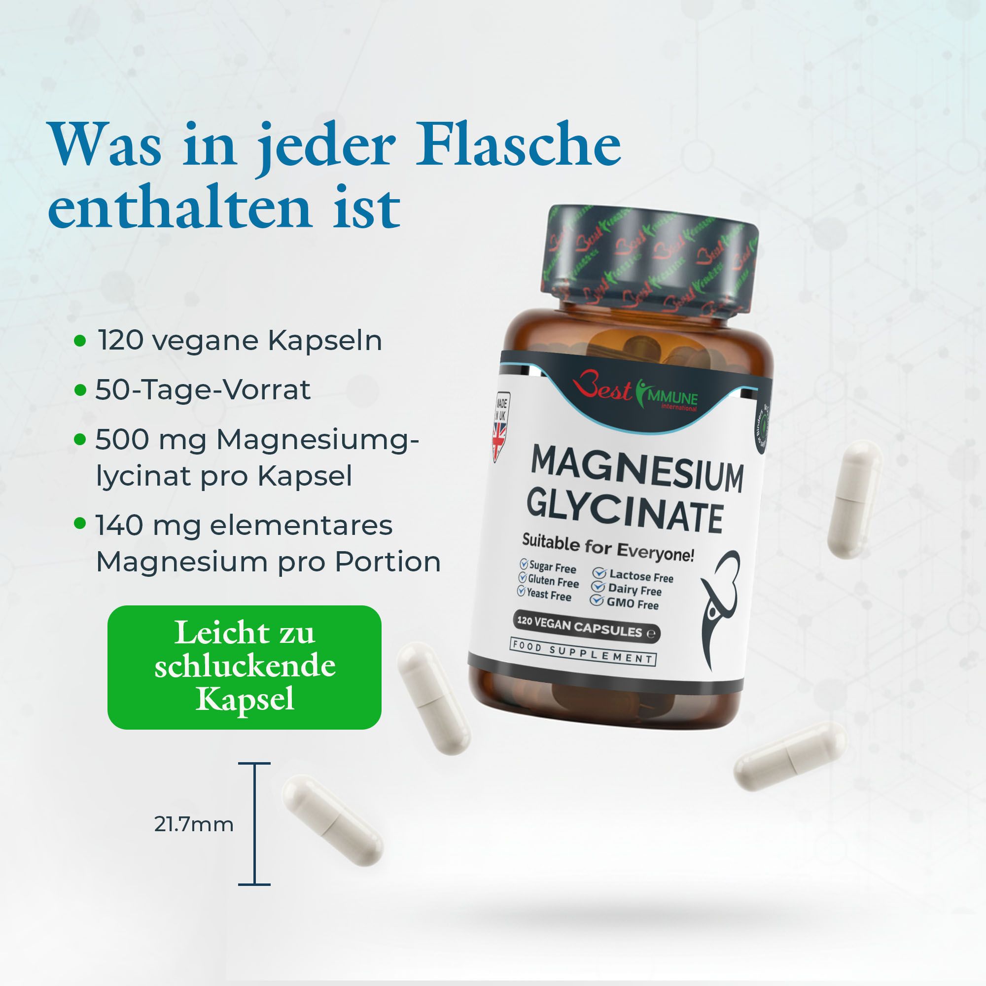 Flasche Magnesiumglycinat, 120 vegane Kapseln, 60 Tage Vorrat. Hergestellt in UK. Glutenfrei, zuckerfrei.