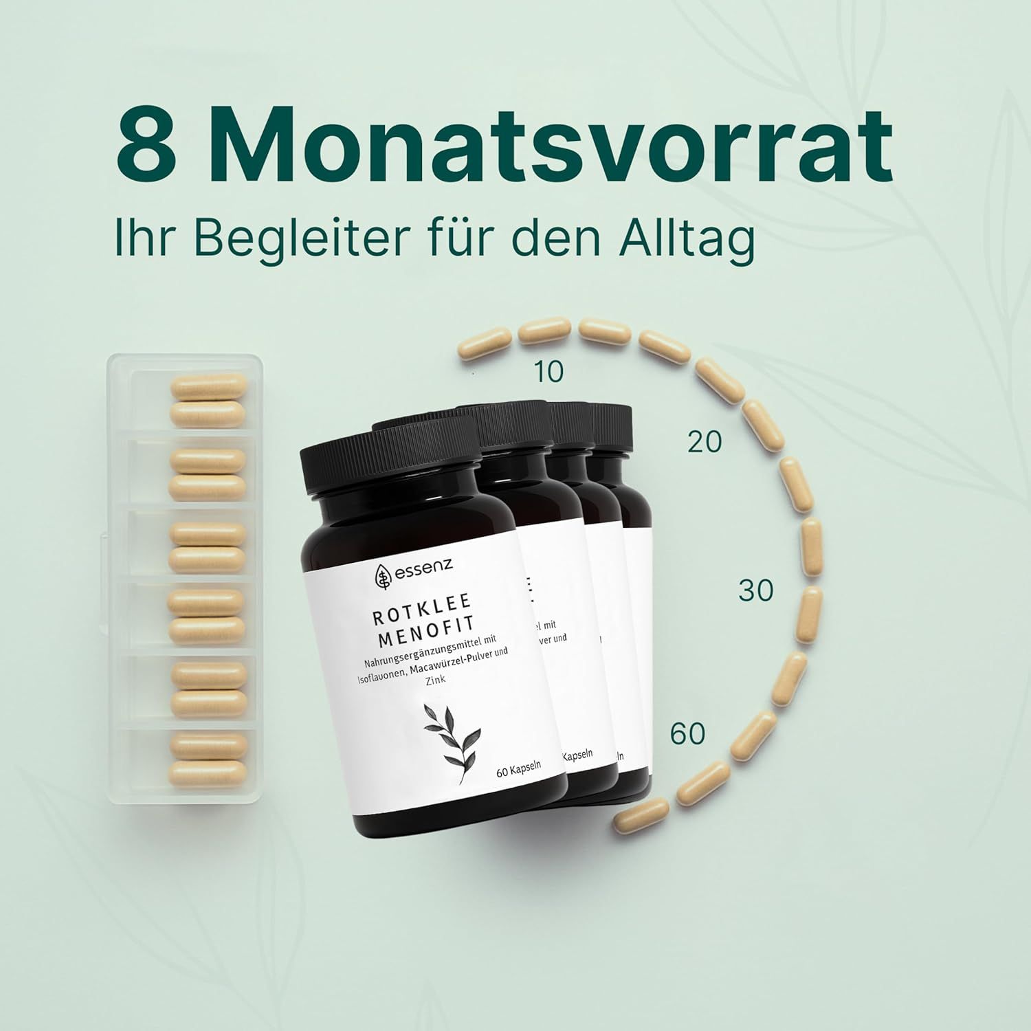 Drei Flaschen ESSENZ Rotklee MenoFit Kapseln. 8 Monatsvorrat. Kapseln in einer Tablettendose. Beschriftung mit Produktnamen.