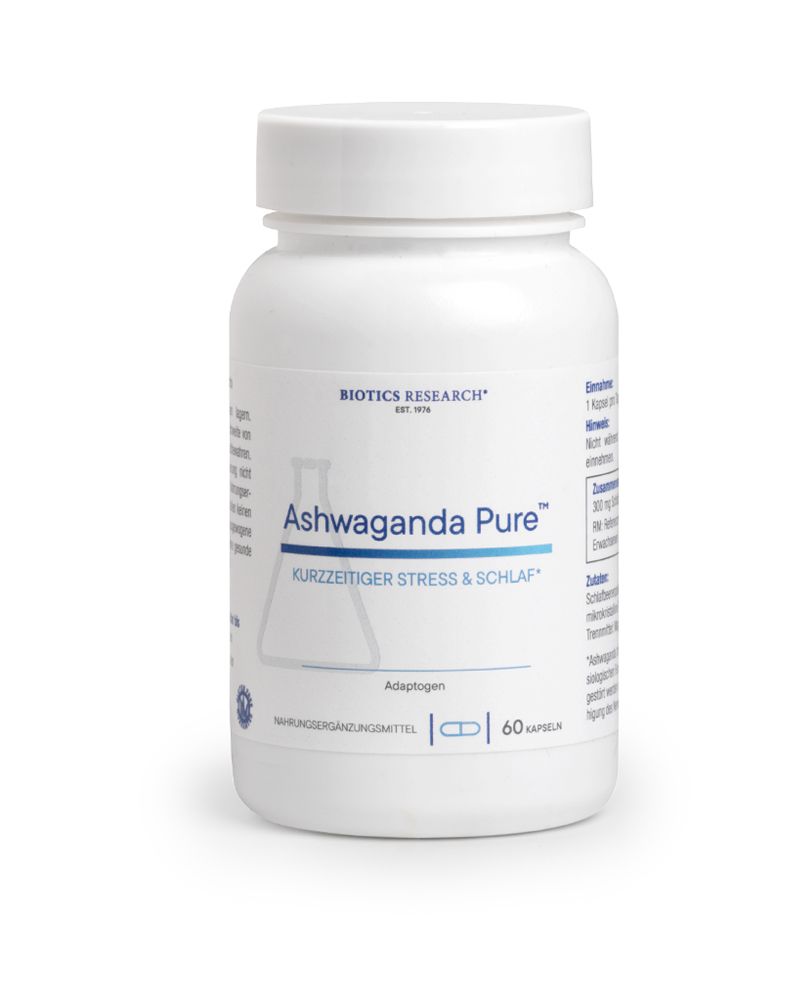 Weiße Flasche mit Etikett: Ashwaganda Pure, Kurzzeitiger Stress & Schlaf. 60 Kapseln. Marke: Biotics Research.