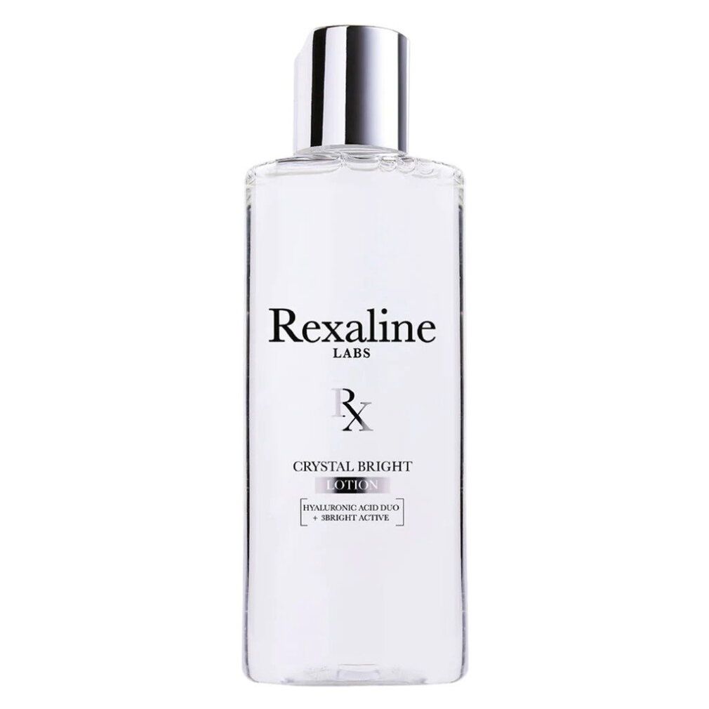 Rexaline Crystal Bright Light Exfoliating Lotion in einem rechteckigen, klaren Flakon mit silbernem Verschluss.