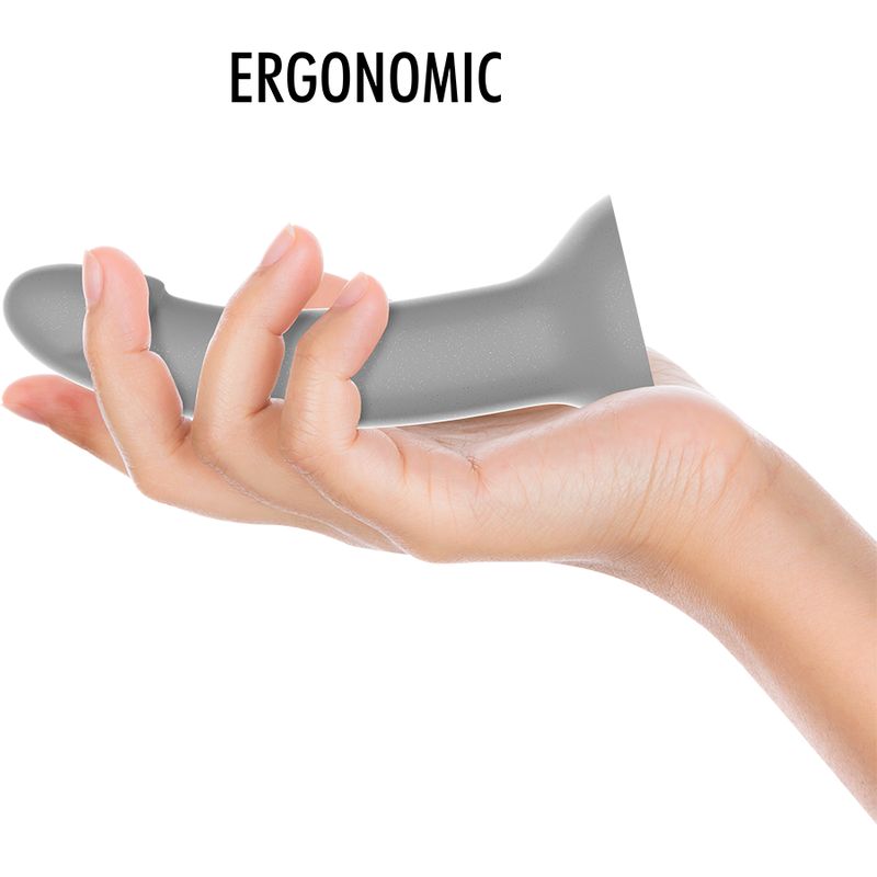 Grauer Dildo in einer Hand gehalten. Ergonomisches Design.