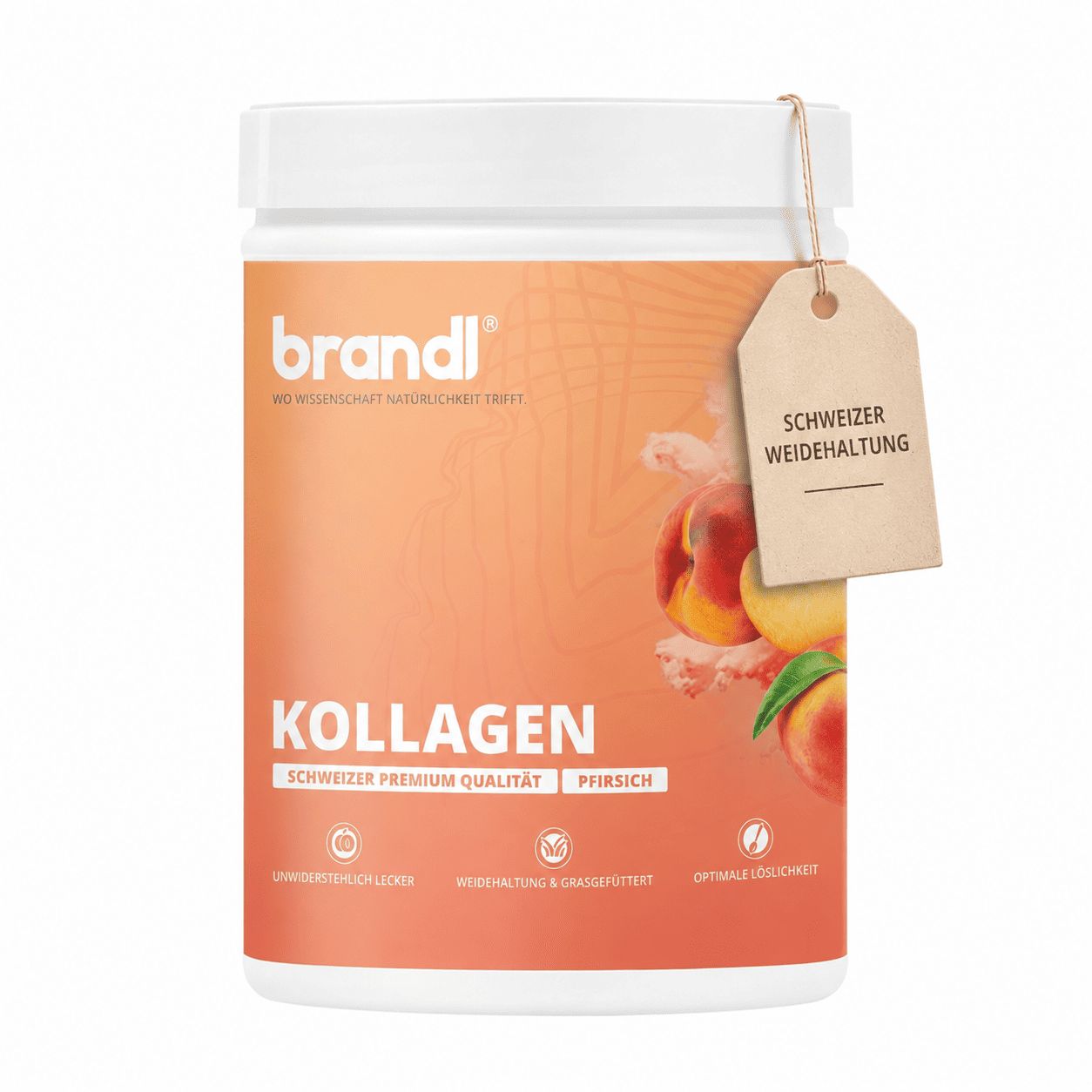 Dose Kollagen Pulver, Pfirsich. Anhänger: Schweizer Weidehaltung. Text: Kollagen, Schweizer Premium Qualität.