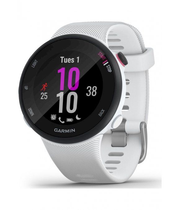 Weisse Smartwatch mit rundem Zifferblatt. Schwarzes Display mit Uhrzeit und Garmin-Logo. Weisses Armband mit silberner Schnalle.