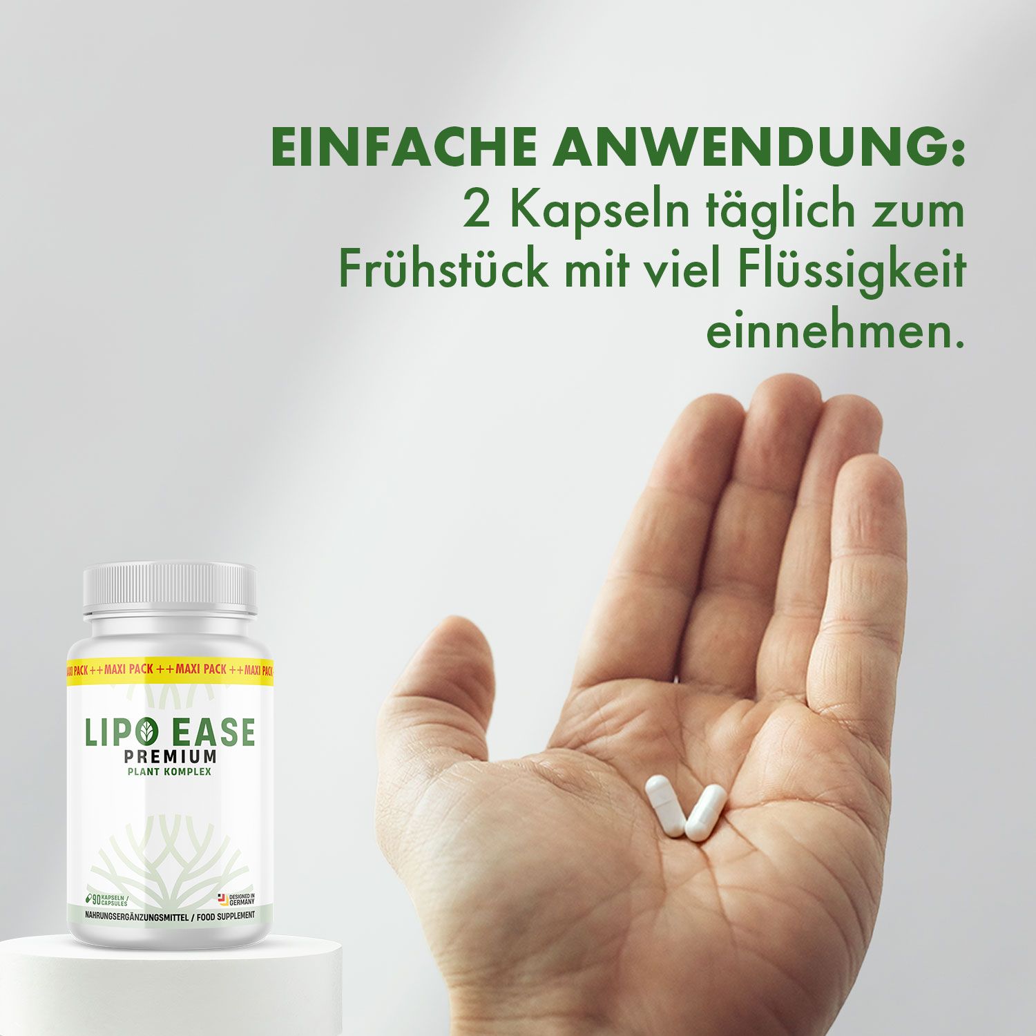 Hand hält zwei Kapseln. Daneben eine Flasche mit gelbem Etikett. Aufschrift: LIPO EASE PREMIUM. Text: EINFACHE ANWENDUNG: 2 Kapseln täglich.