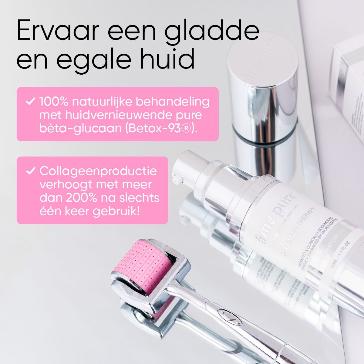 Gezichtsroller, sprayfles, serumfles en verpakking. Opschrift: âme pure.