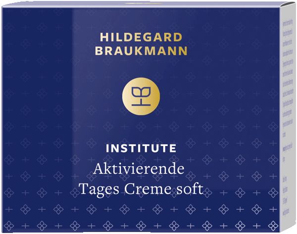 Blau-weiße Produktverpackung. Aufschrift: Hildegard Braukmann, Institute, Aktivierende Tages Creme soft.