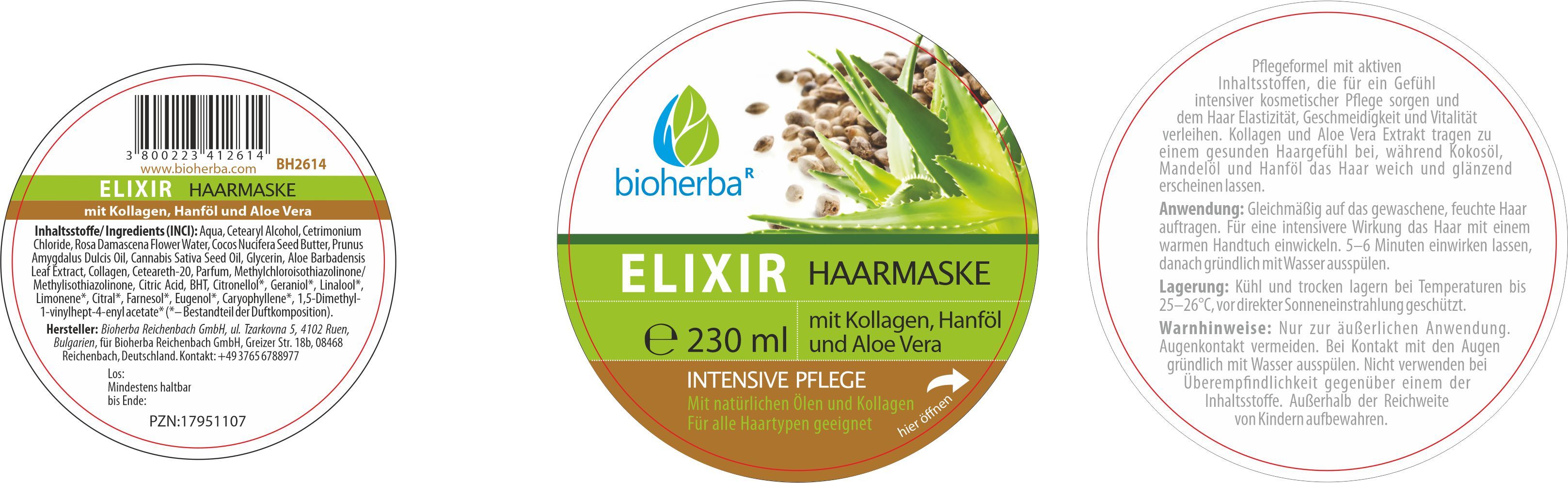 Runde Dose mit Etikett. Etikett mit Produktnamen, Inhaltsstoffen und Logo. Text: Elixir Haarmaske mit Kollagen, Hanföl und Aloe Vera.