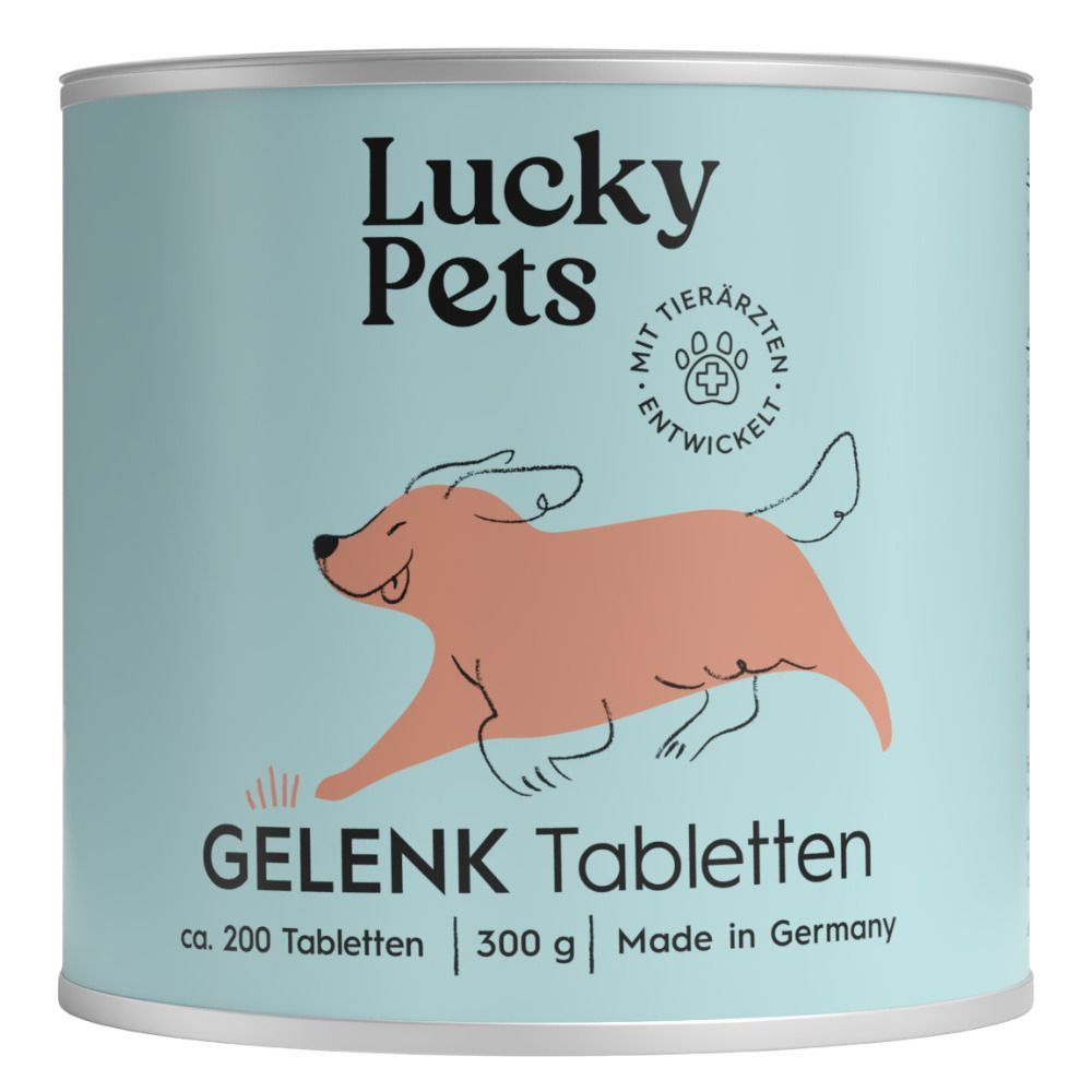 Dose mit Tabletten. Text: Lucky Pets Gelenk Tabletten. ca. 200 Tabletten | 300 g | Made in Germany. Logo mit Hund.