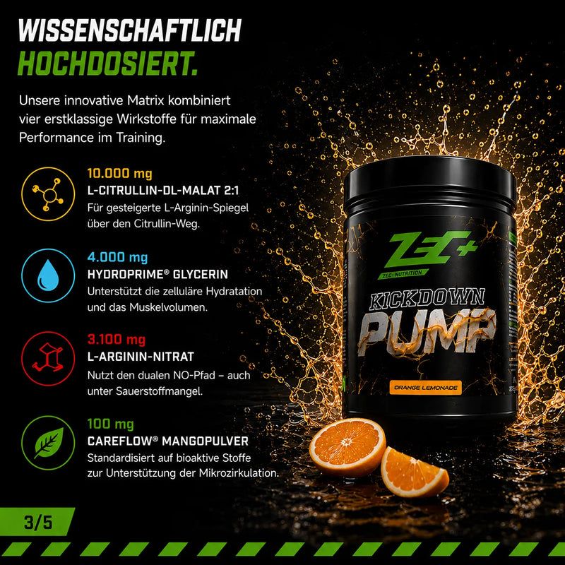 ZEC+ KICKDOWN PUMP Dose mit detaillierten Inhaltsstoffen und Dosierungsangaben.