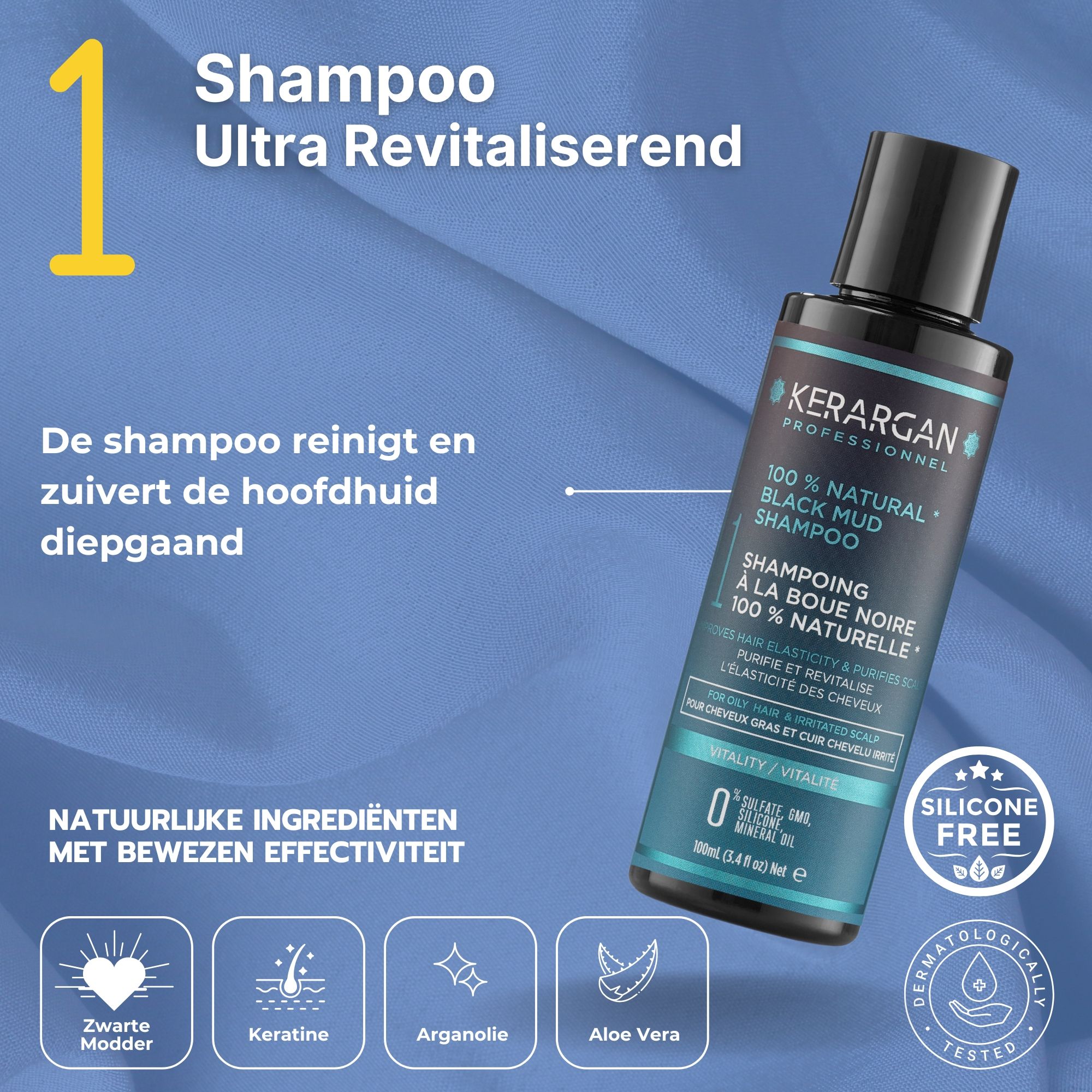 Kerargan Shampoo, zwarte fles met zwarte dop. Tekst: 100% Natural Black Mud Shampoo. Siliconenvrij. Dermatologisch getest.