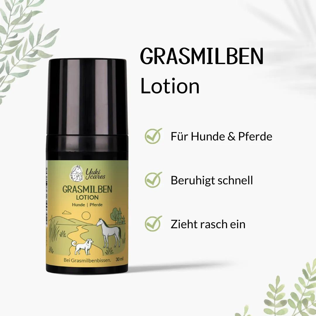 Lotion-Flasche mit schwarzem Deckel. Aufschrift: Grasmilben Lotion für Hunde und Pferde. Text und grüne Häkchen.