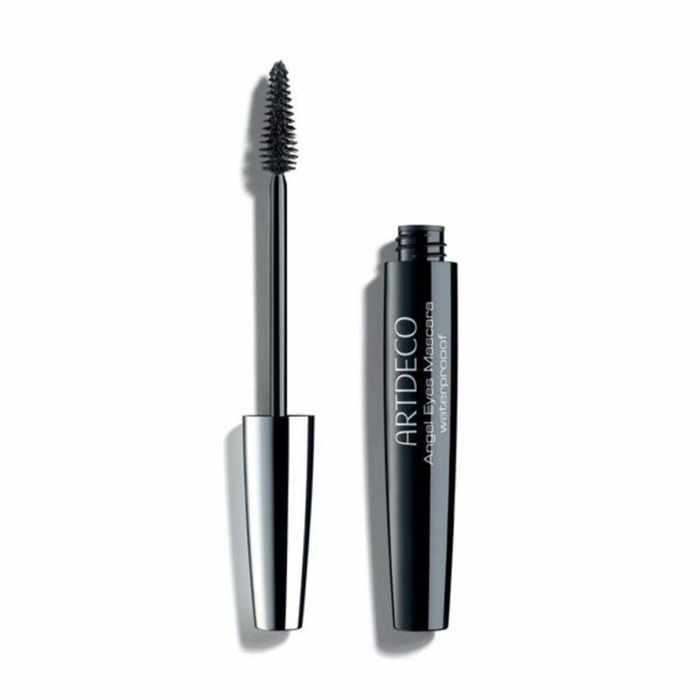 Schwarze Mascara-Tube mit silberfarbenem Deckel. Der Pinsel ist herausgezogen. Auf der Tube steht "ARTDECO Angel Eyes Mascara waterproof".