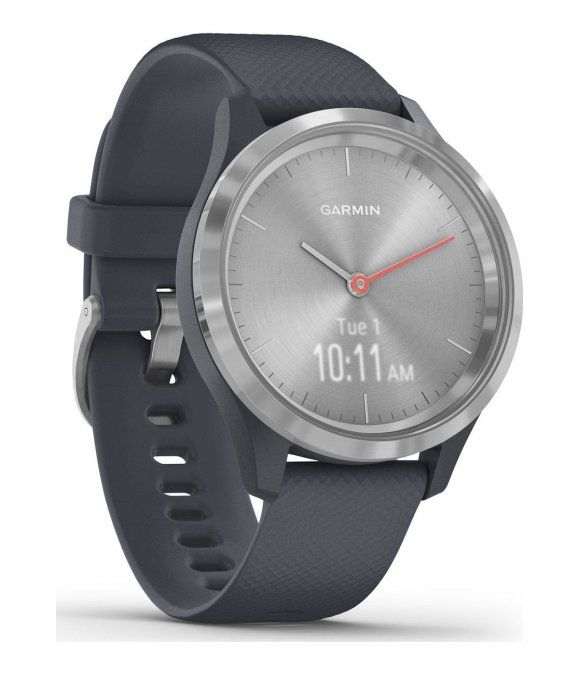 Graue Garmin Hybrid-Uhr. Rundes Zifferblatt mit silbernem Gehäuse. Schwarzes Armband. Roter Sekundenzeiger. Datum und Uhrzeit werden angezeigt.