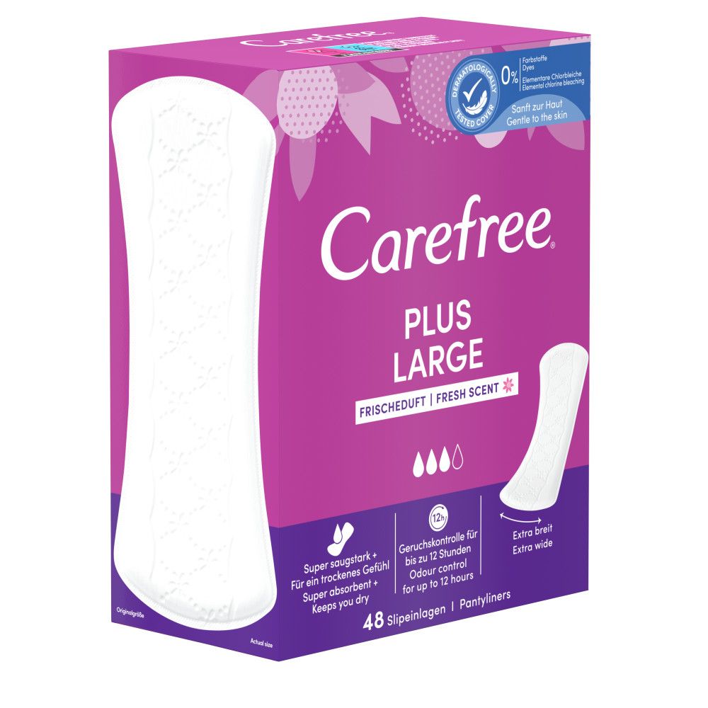 Carefree Plus Large Slipeinlagen mit Frischeduft. Rosa Verpackung mit Produktabbildung und Text. 48 Slipeinlagen.