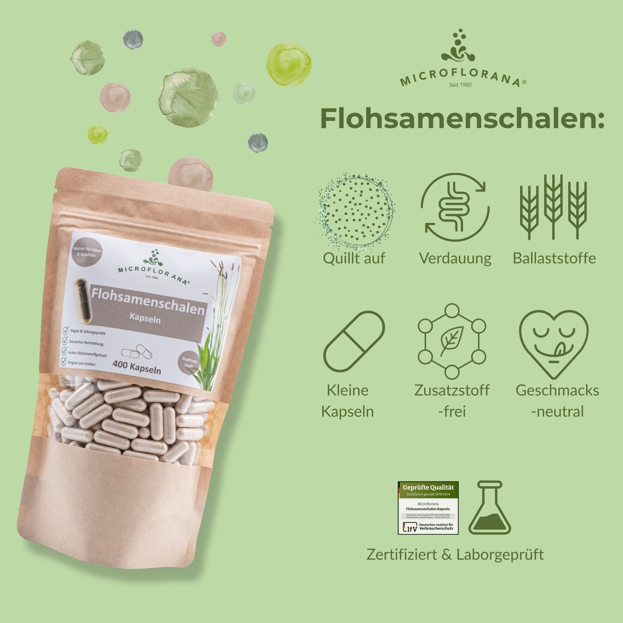 Produktverpackung mit Kapseln und Icons. Icons: Verdauung, Ballaststoffe, kleine Kapseln, zuckerfrei, geschmacksneutral.
