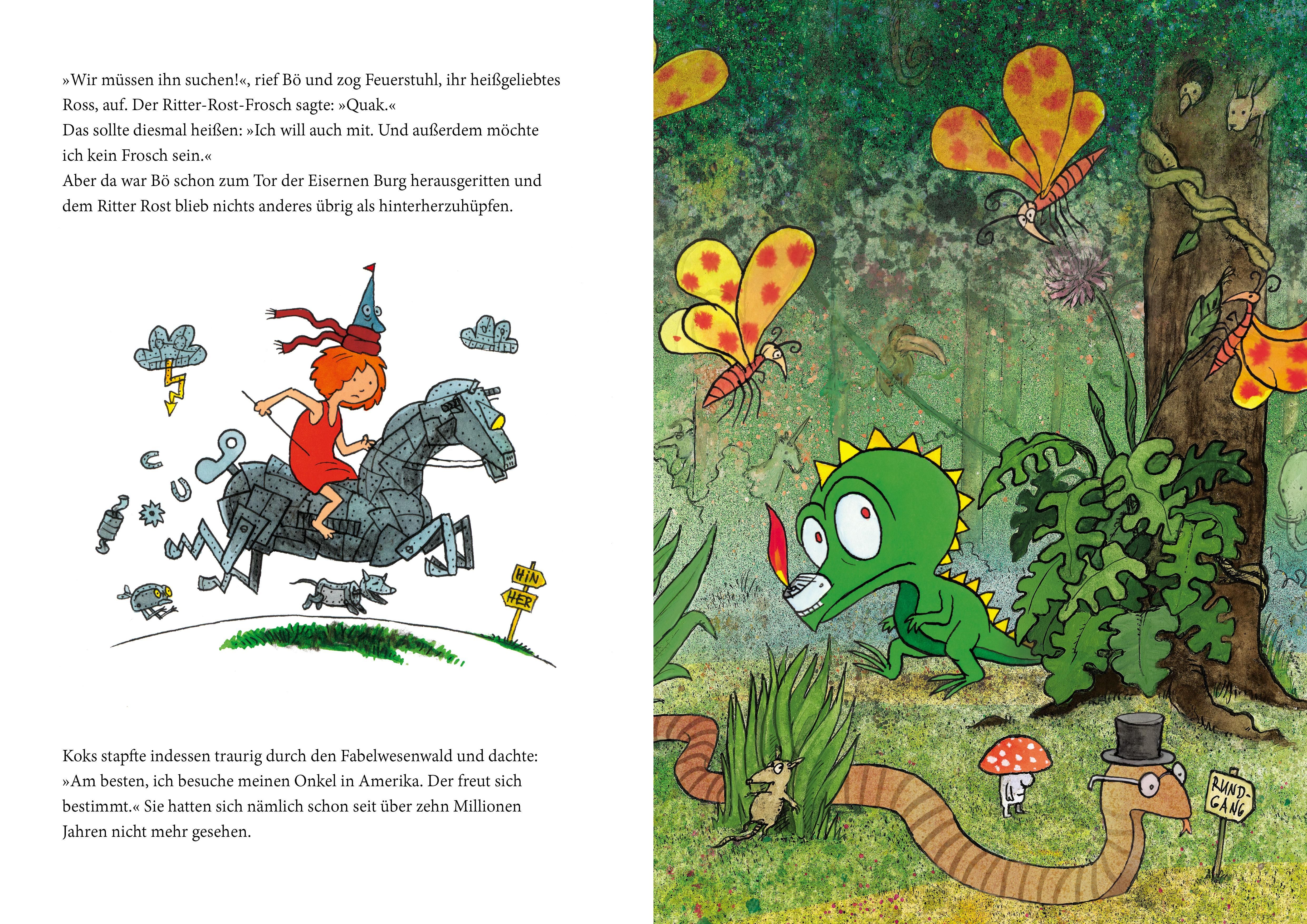 Doppelseite aus einem Buch. Links: Illustration von einem Mädchen auf einem Pferd. Rechts: Illustration eines Drachen und Schmetterlingen.