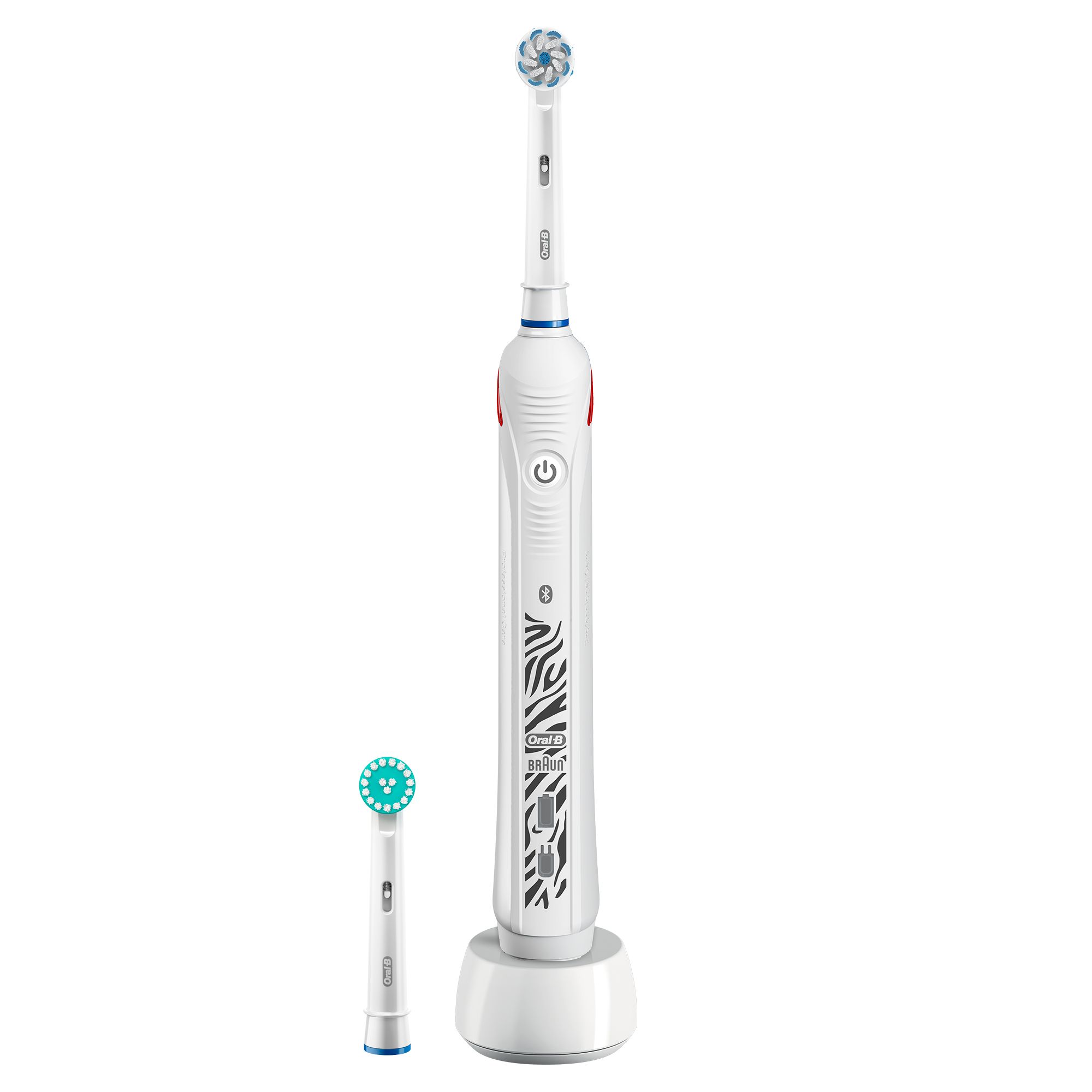 Elektrische Zahnbürste Oral-B Teen, weiß mit Zebra-Muster. Inklusive Ladestation und Ersatzbürste. Blaue und rote Akzente.