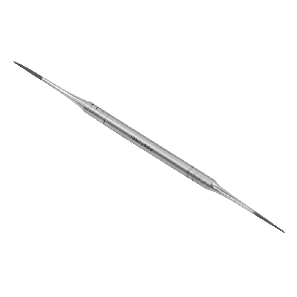 Doppelseitige Nagelfeile mit rundem Griff. Metallfarben, mit feinen, schwarzen Feilflächen an beiden Enden.
