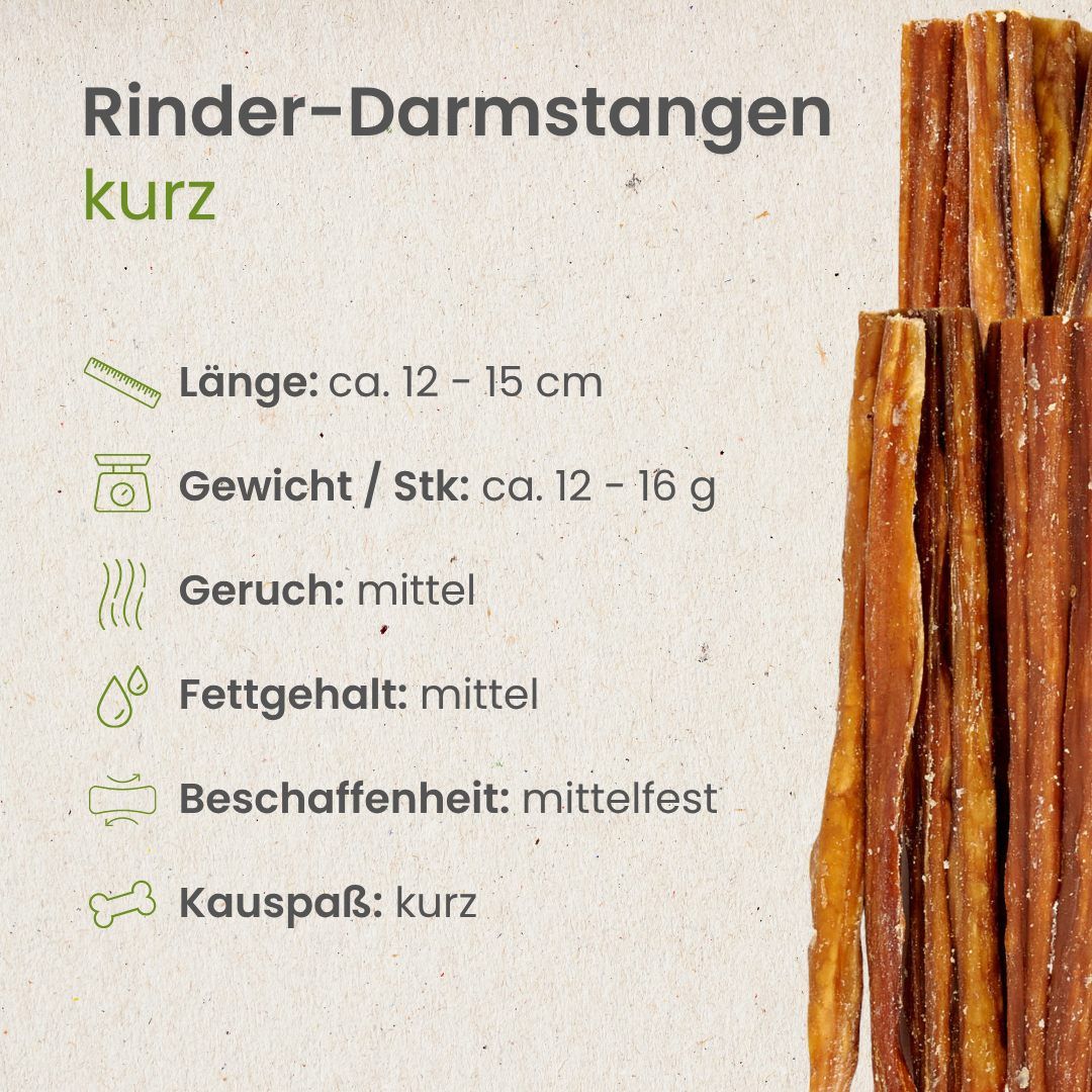 Kurze Rinder-Darmstangen mit Details zu Länge, Gewicht, Geruch, Fettgehalt und Beschaffenheit.