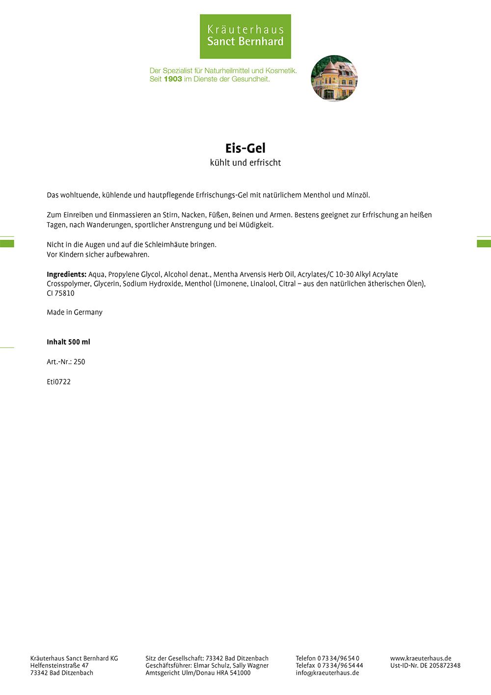 Weißes Etikett mit Text. Produktname: Eis-Gel. Inhaltsstoffe und Herstellerangaben. Grünes Logo oben.