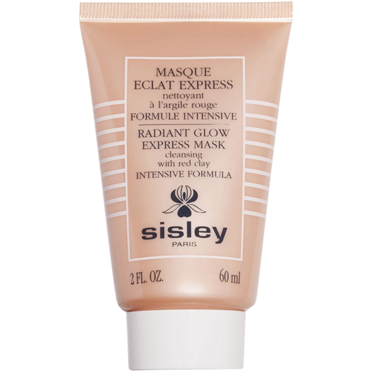 Sisley Masque Éclat Express Tube. Beige Tube mit weißem Deckel. Produktbezeichnung und Marke auf der Vorderseite.