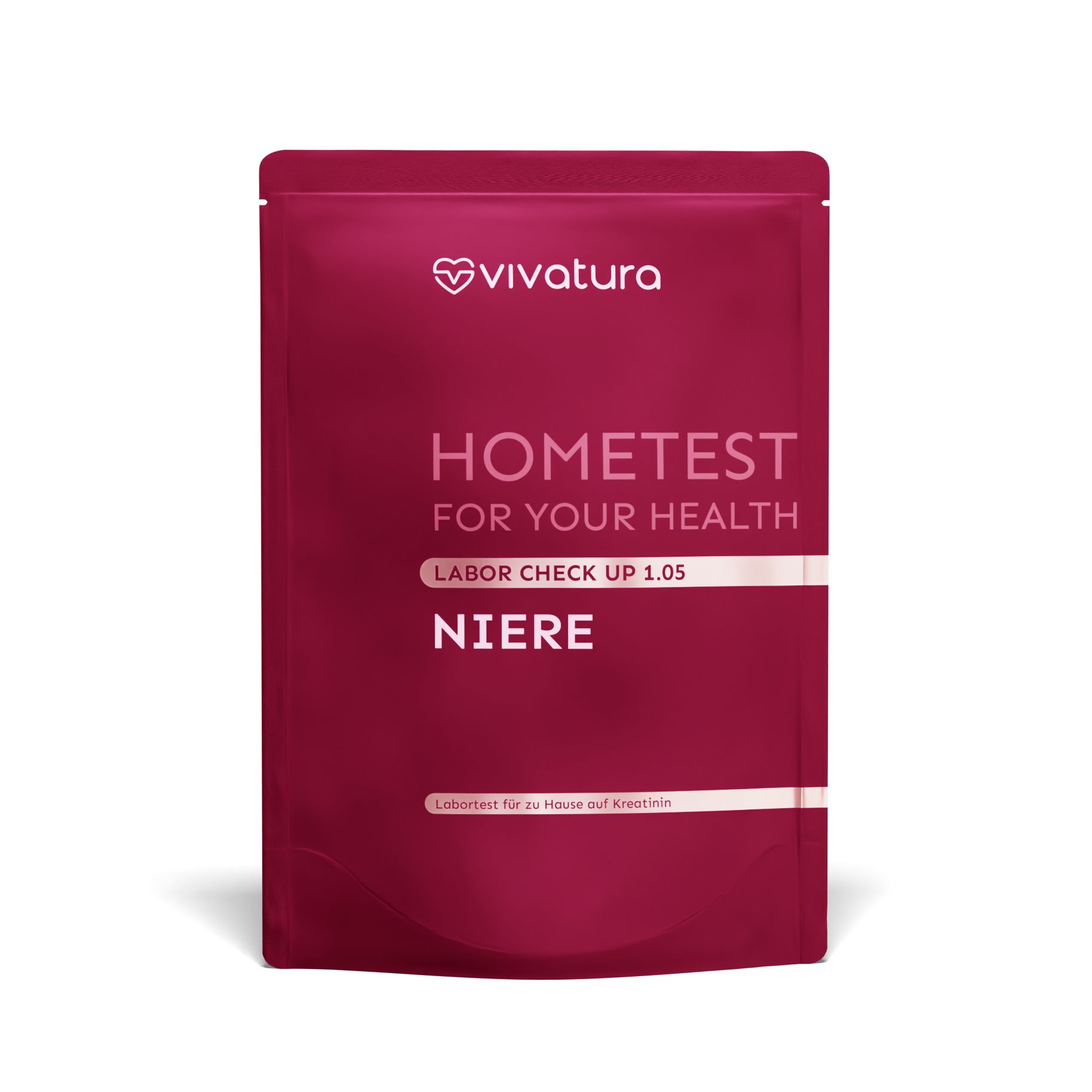 Beutel mit Aufschrift "HOMETEST" und "NIERE". Marke: vivatura®. Rote Verpackung mit weißer Schrift.