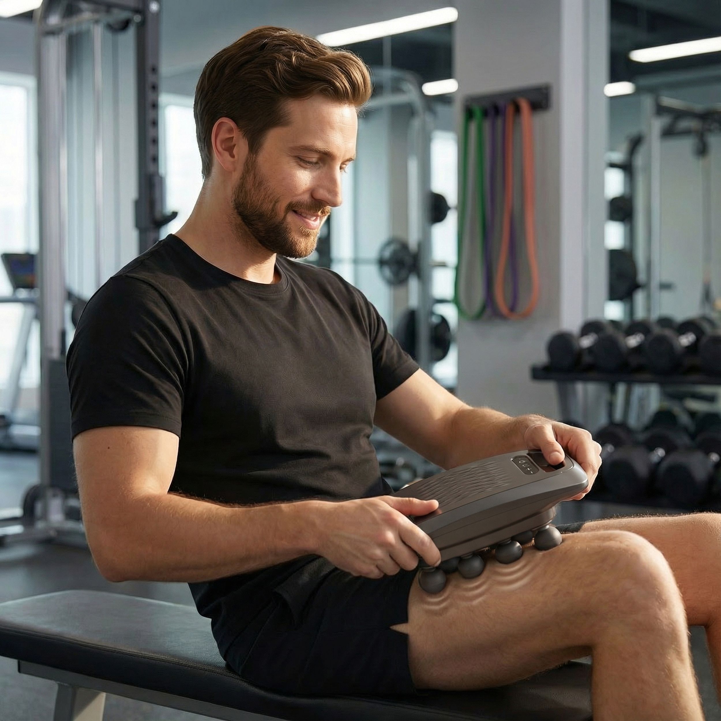 Mann sitzt und massiert Oberschenkel mit Massagegerät. Gerät grau, mit Kugeln. Mann lächelt.