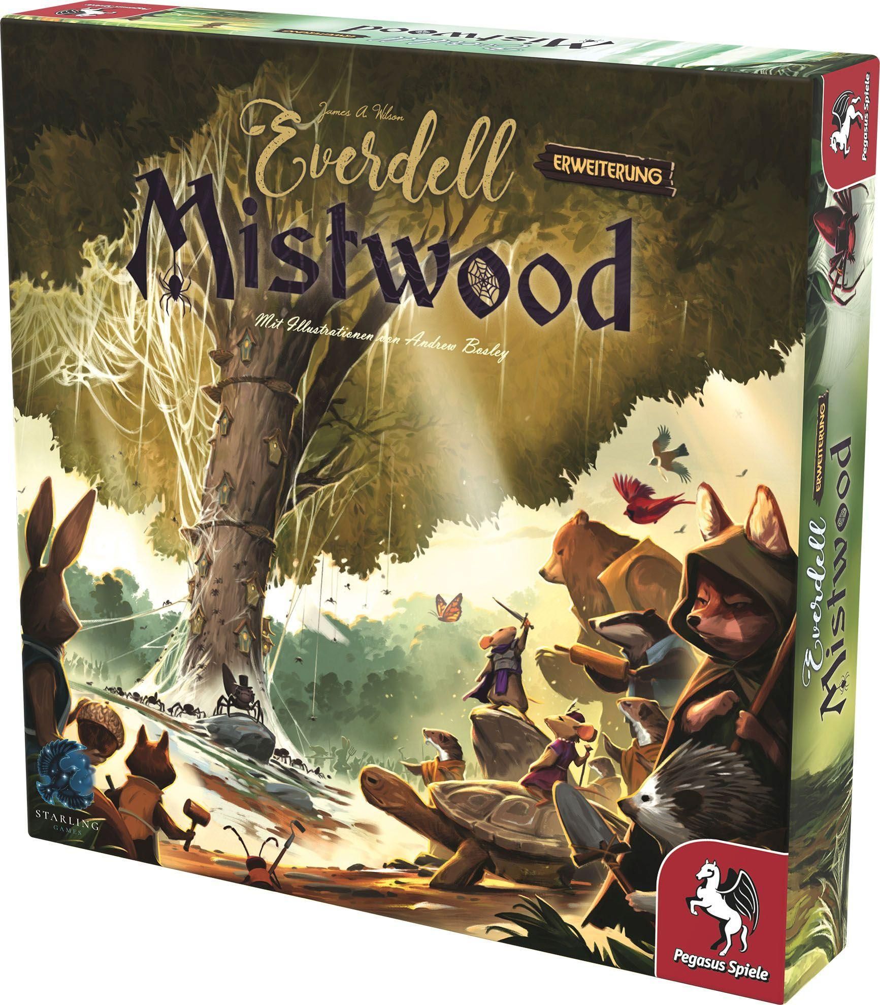 Everdell: Mistwood Spielbox, schräg von vorne. Waldszene mit Tieren. Erweiterung, Pegasus Spiele Logo.